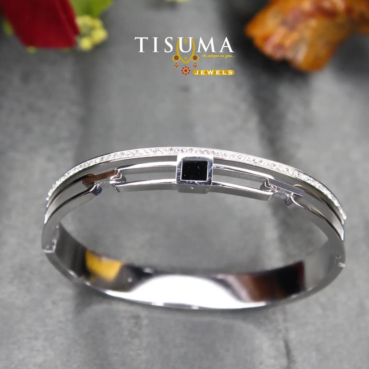 Contemporary High-Polish Silver Anti-Tarnish Square Black Onyx Gemstone and Channel-Set Pavé CZ Split-Band Kada Bracelet for Women