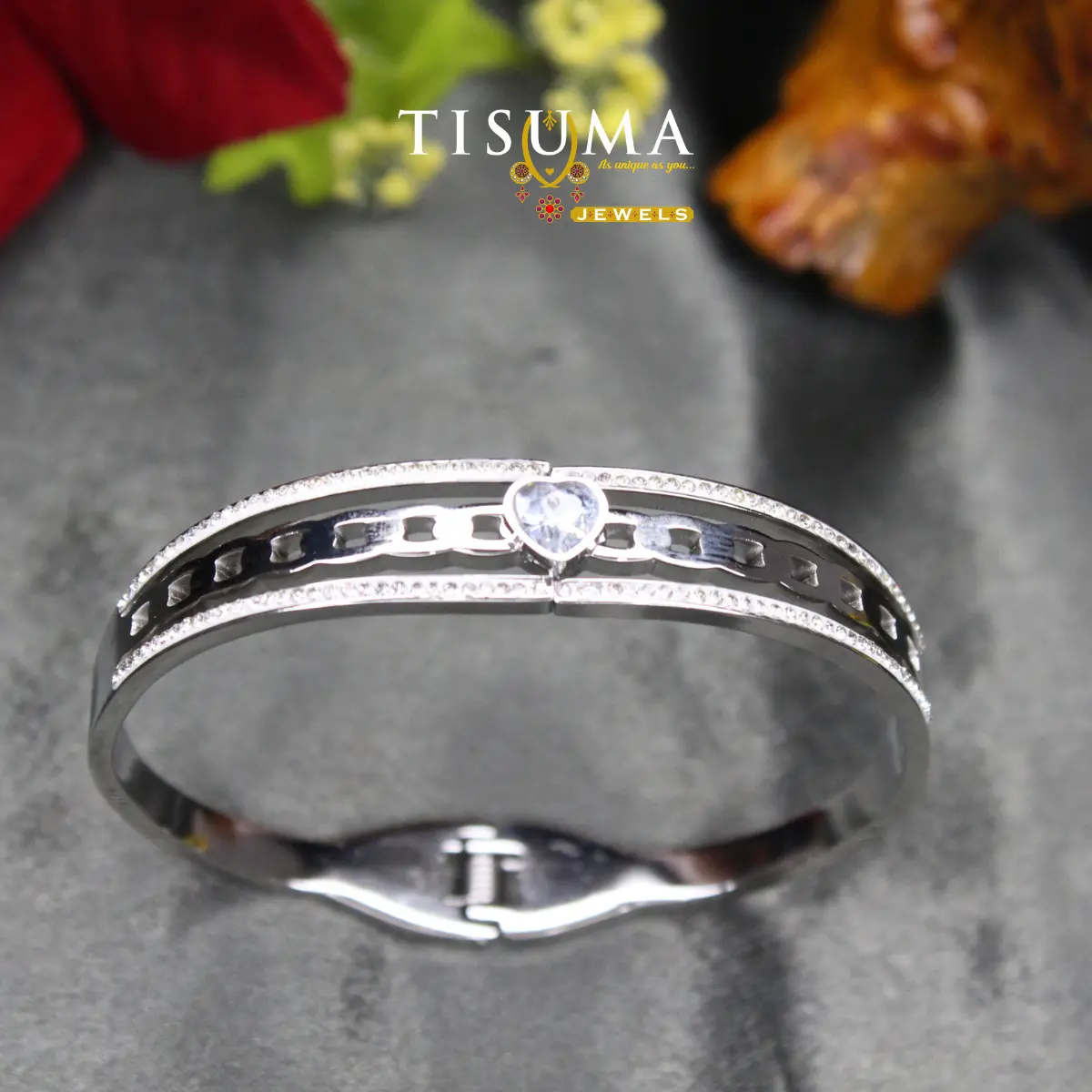 Contemporary Platinum Silver-Tone Anti-Tarnish Bezel Set Heart Solitaire CZ Centerpiece with Pavé Borders and Cut-Out Chain Track Kada Bracelet for Women