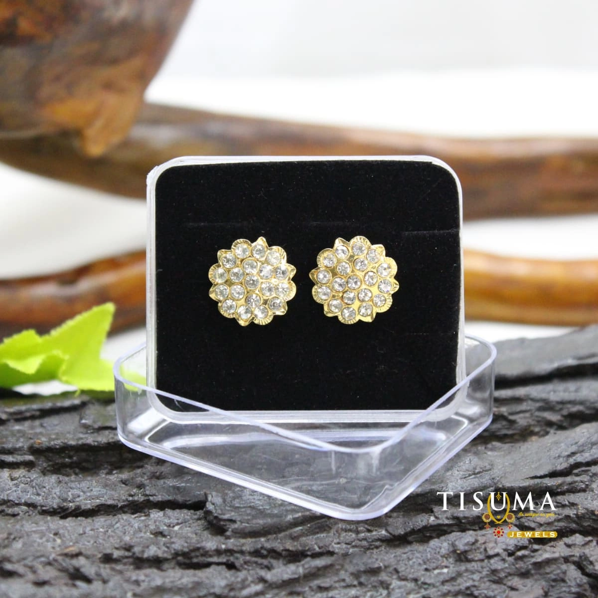 White clear stone floral cluster stud earrings with gold-tone setting