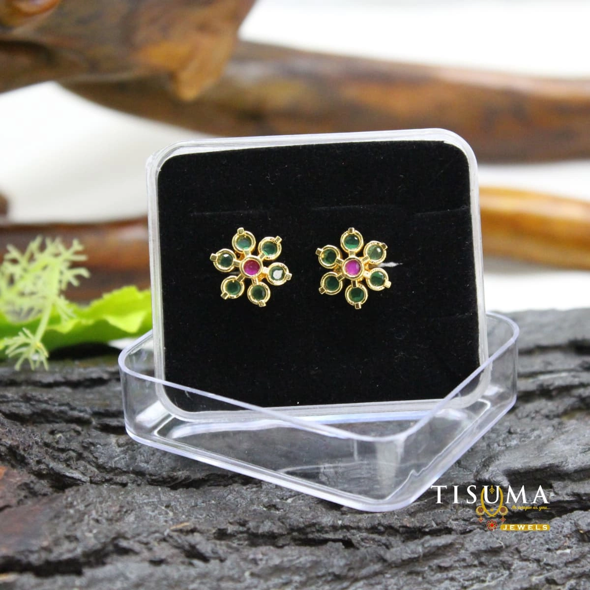 Green and pink stone floral stud earrings with a gold-tone setting