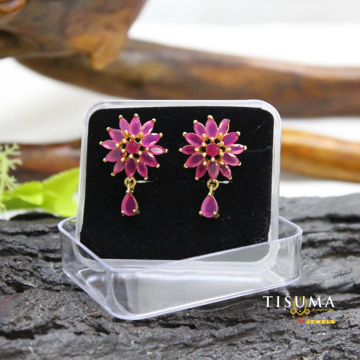 Pink Stone Floral Drop Earrings