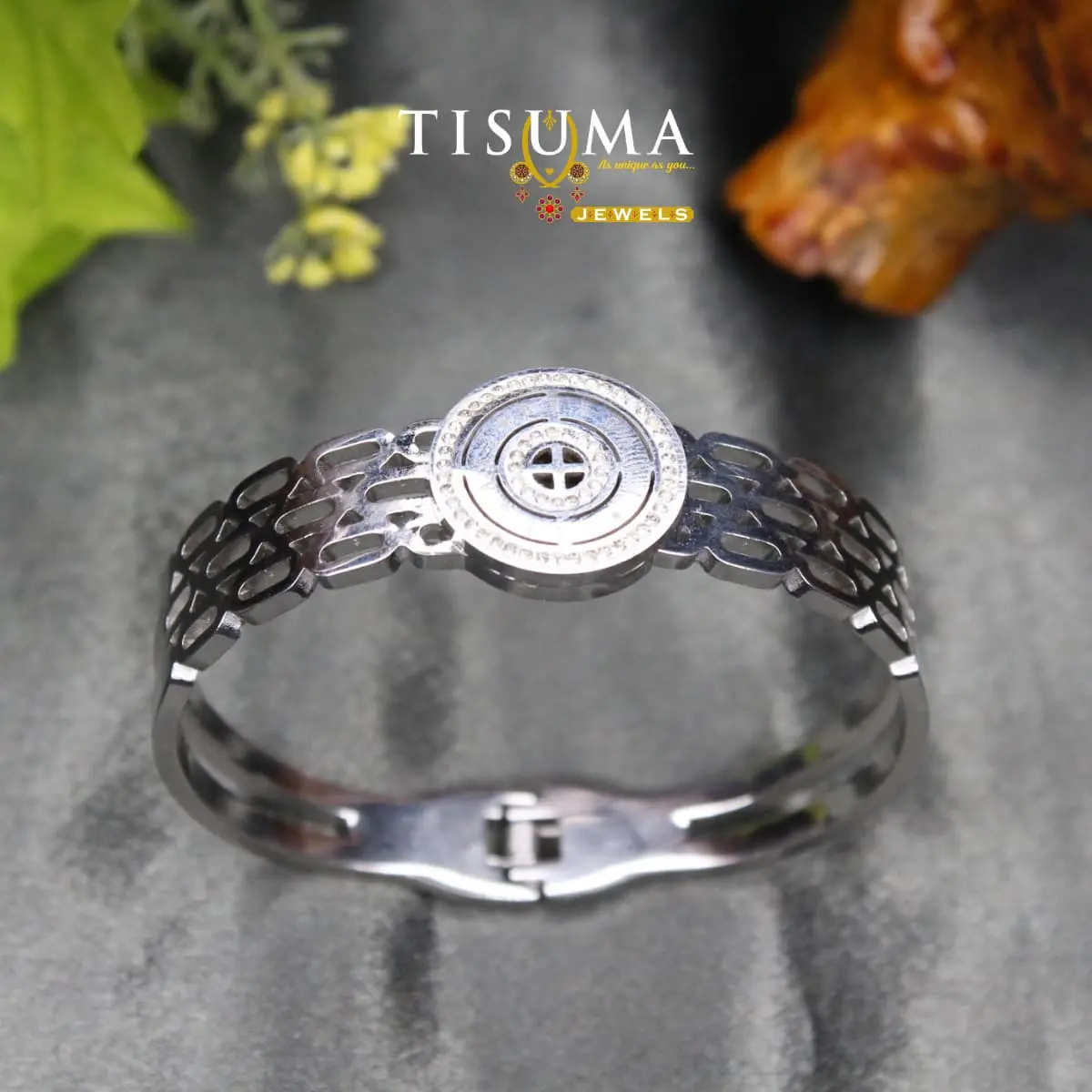 Contemporary High-Polish Silver Anti-Tarnish Geometric Compass Medallion with Pavé CZ Halos and Openwork Mesh Band Kada Bracelet for Women