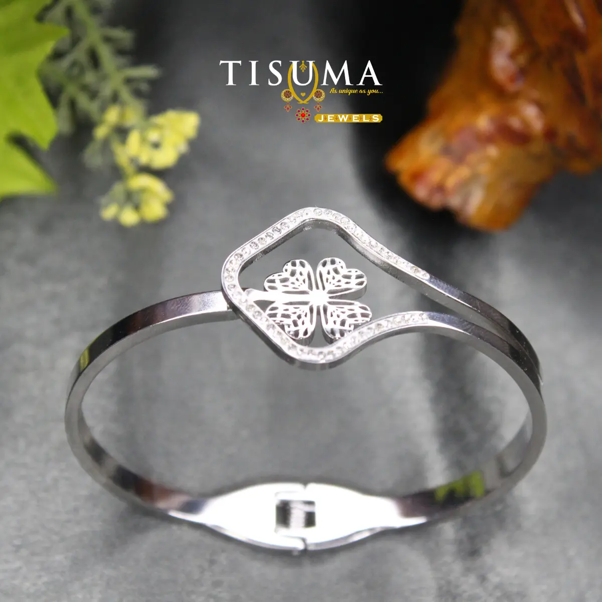Contemporary High-Polish Silver Anti-Tarnish Floating Filigree Four-Leaf Clover in Micro-Pavé CZ Lozenge Frame Kada Bracelet for Women