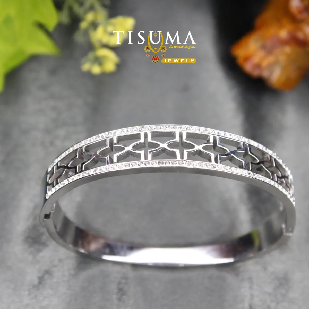 Contemporary High-Polish Silver Anti-Tarnish Openwork Moroccan Trellis Quatrefoil Lattice with Dual Micro-Pavé CZ Rails Kada Bracelet for Women