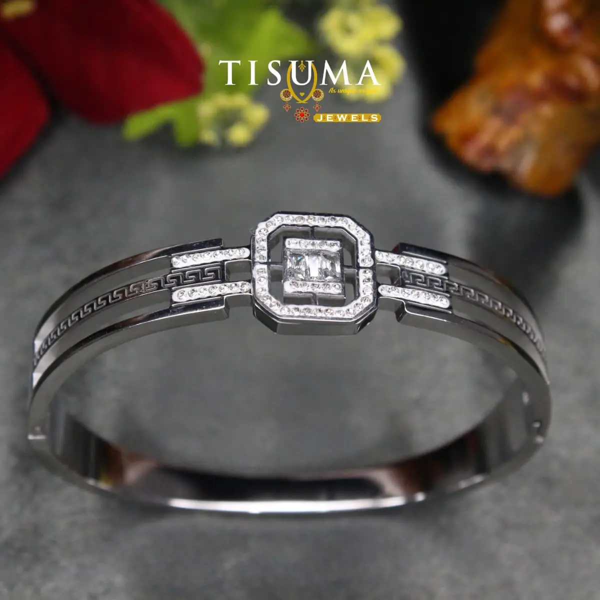 Contemporary High-Polish Silver Anti-Tarnish Octagon Baguette CZ Halo Medallion with Greek Key Track Kada Bracelet for Women