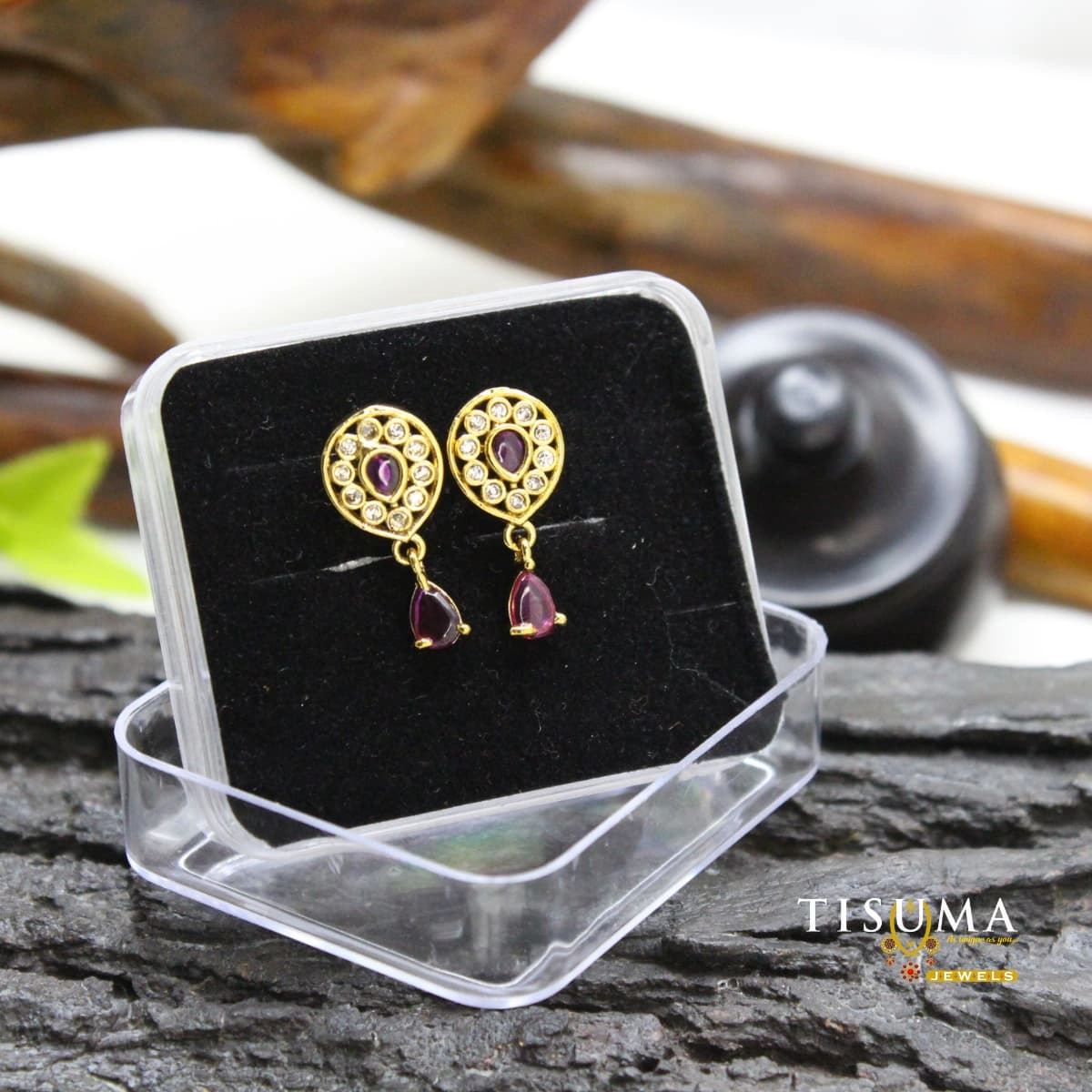 Gold finish purple stone AD drop earrings with clear stones from Tisuma Jewels