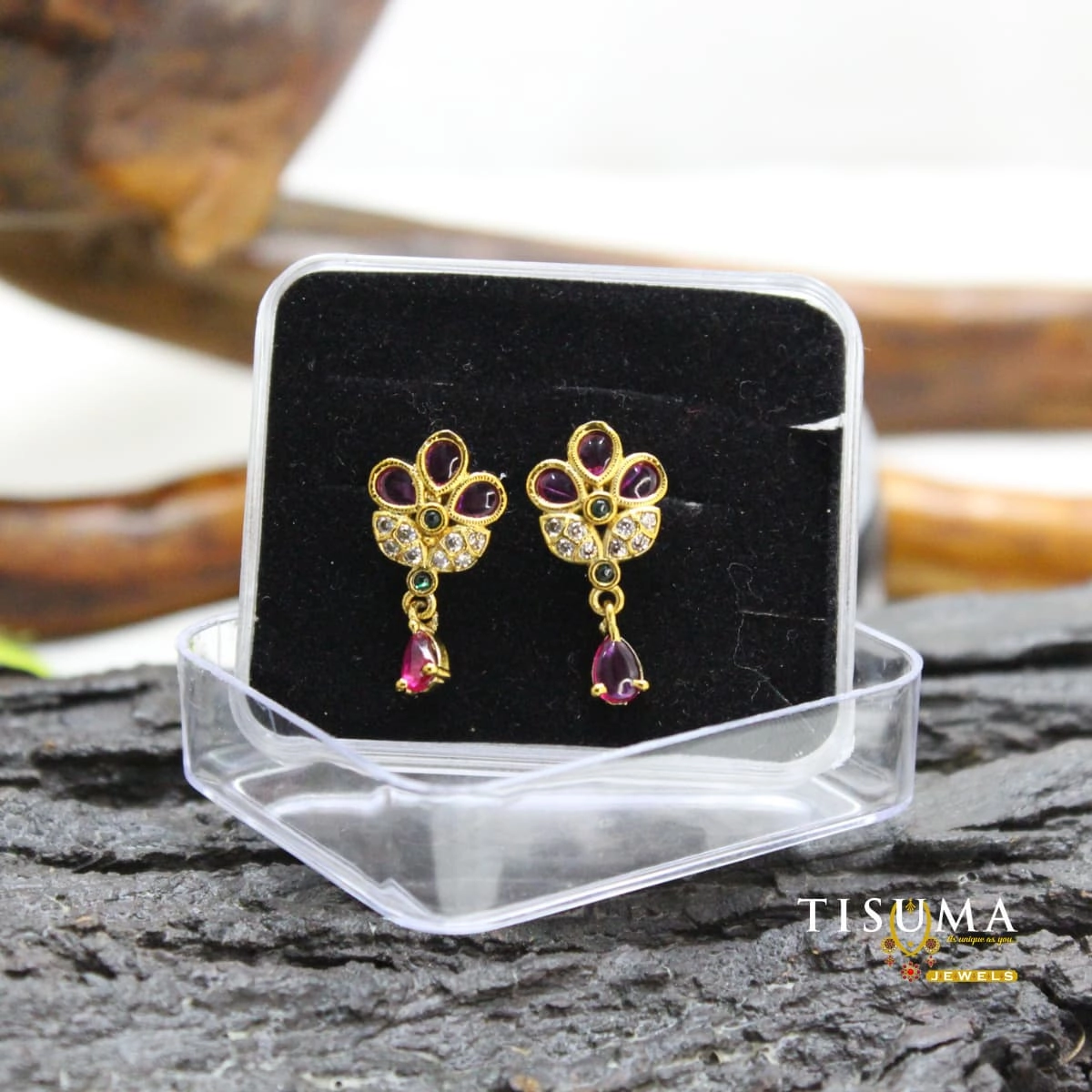 Antique gold floral drop earrings with ruby-colour and green stones