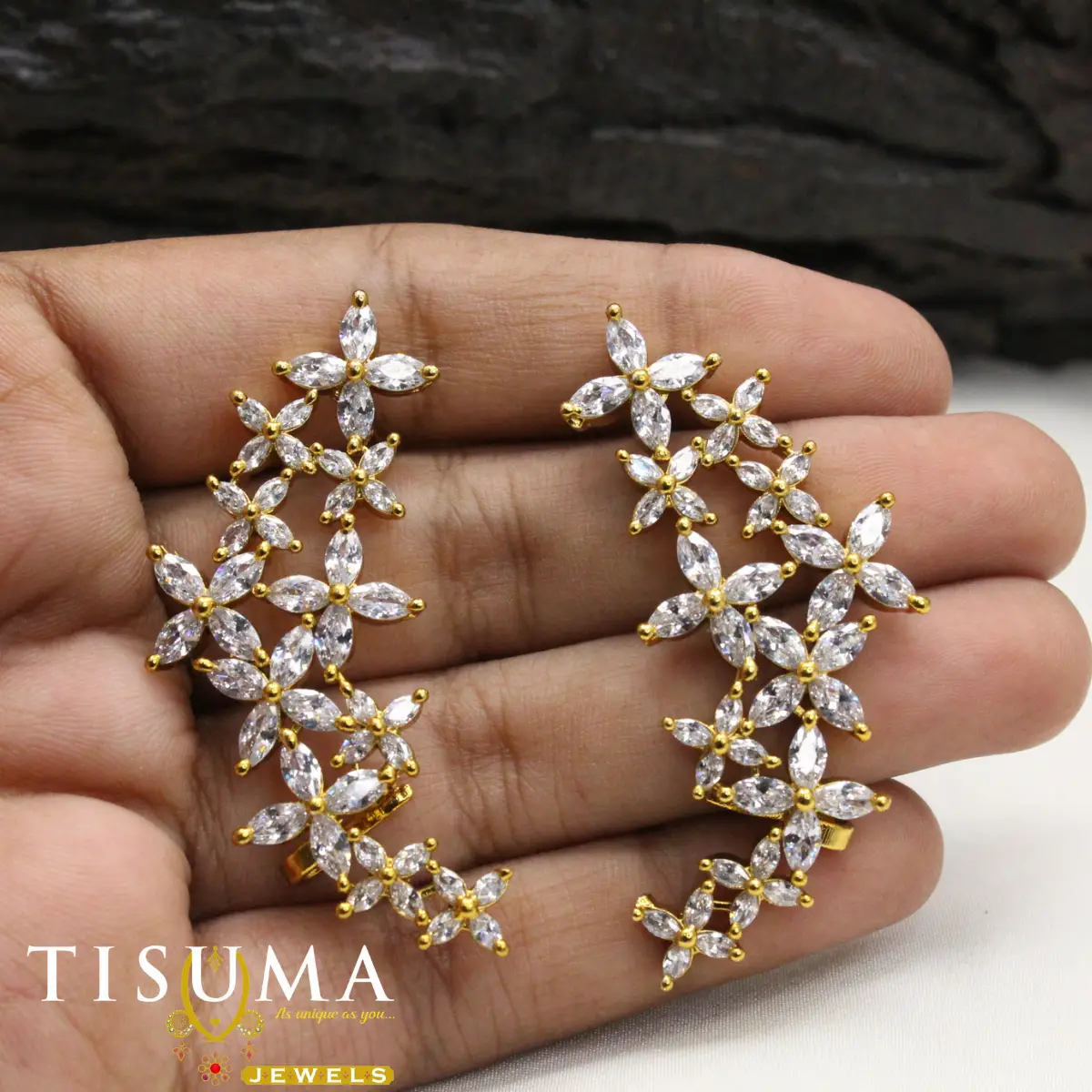 Modern 18K Gold Plated Marquise CZ Crystal Floral Vine Full-Ear Climber Crawler Ear Cuffs TIS-ERC-008 for Women
