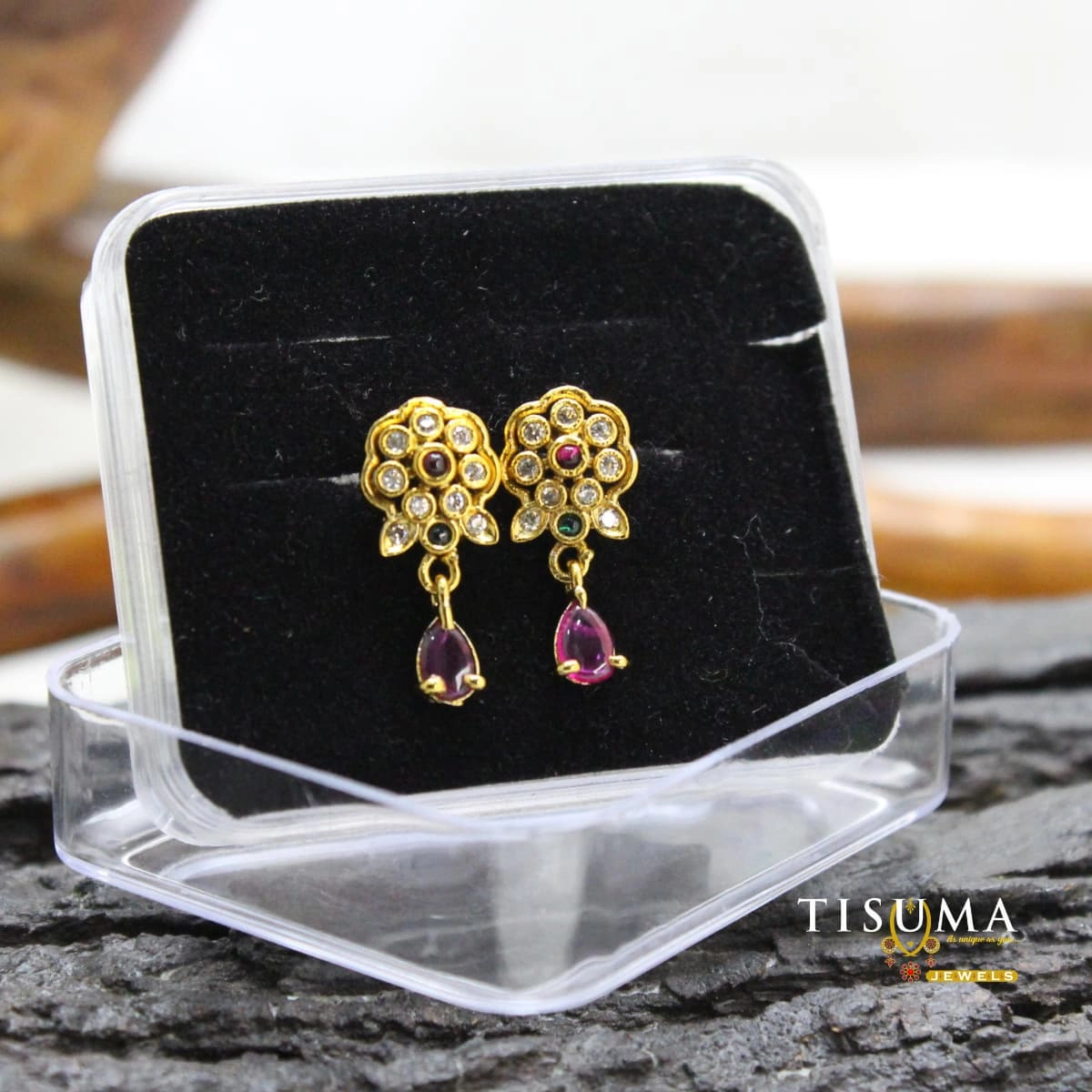 Multicolour floral drop earrings with white stones and purple teardrop accents