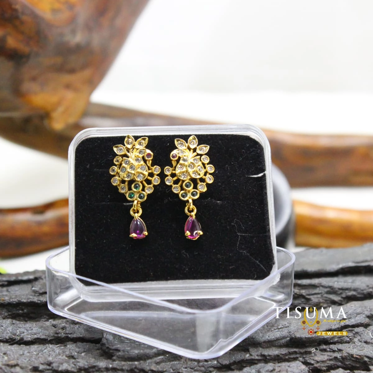 Multicolour AD floral drop earrings with white stones and purple teardrop accents