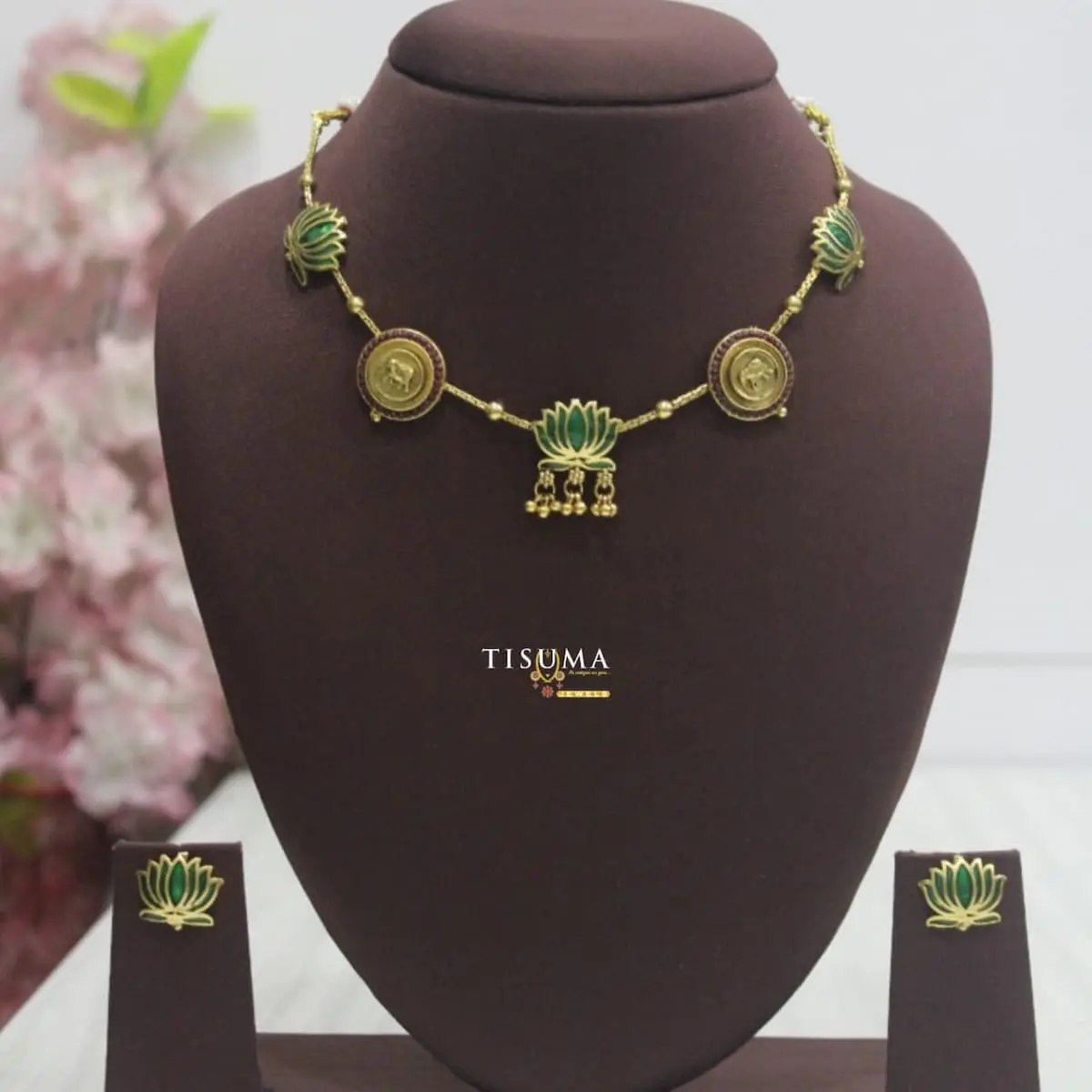 Traditional 18K Gold Plated South Indian Handcrafted Green Meenakari Lotus Kamalam and Sacred Kamadhenu Cow Coin Station Necklace with Matching Stud Earrings TIS-ATG-073 for Women