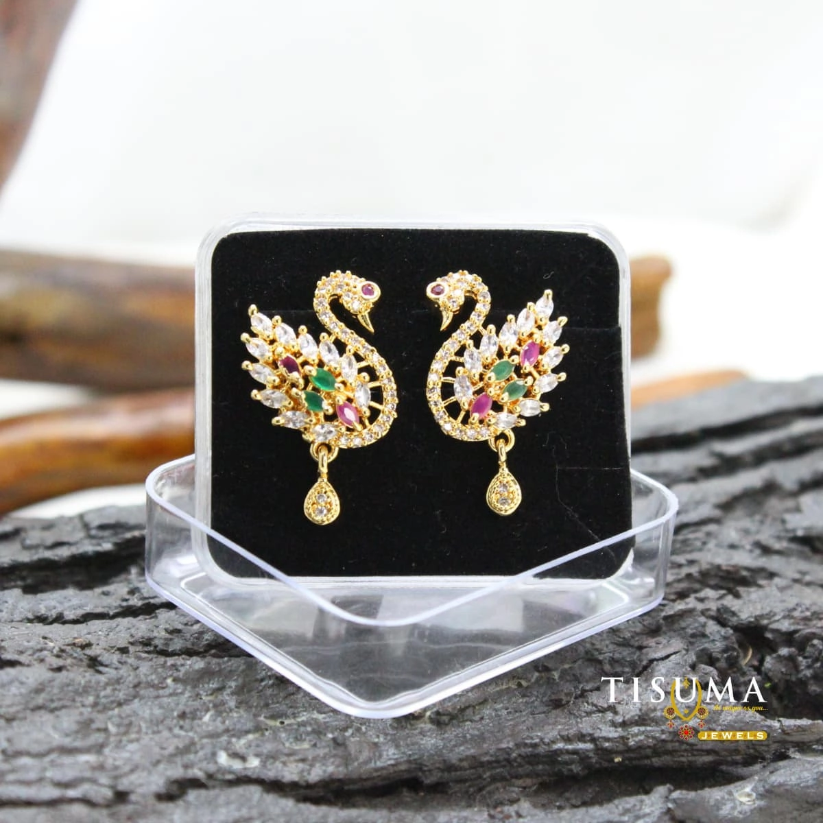 Gold-tone peacock drop earrings with pink stones and teardrop accents