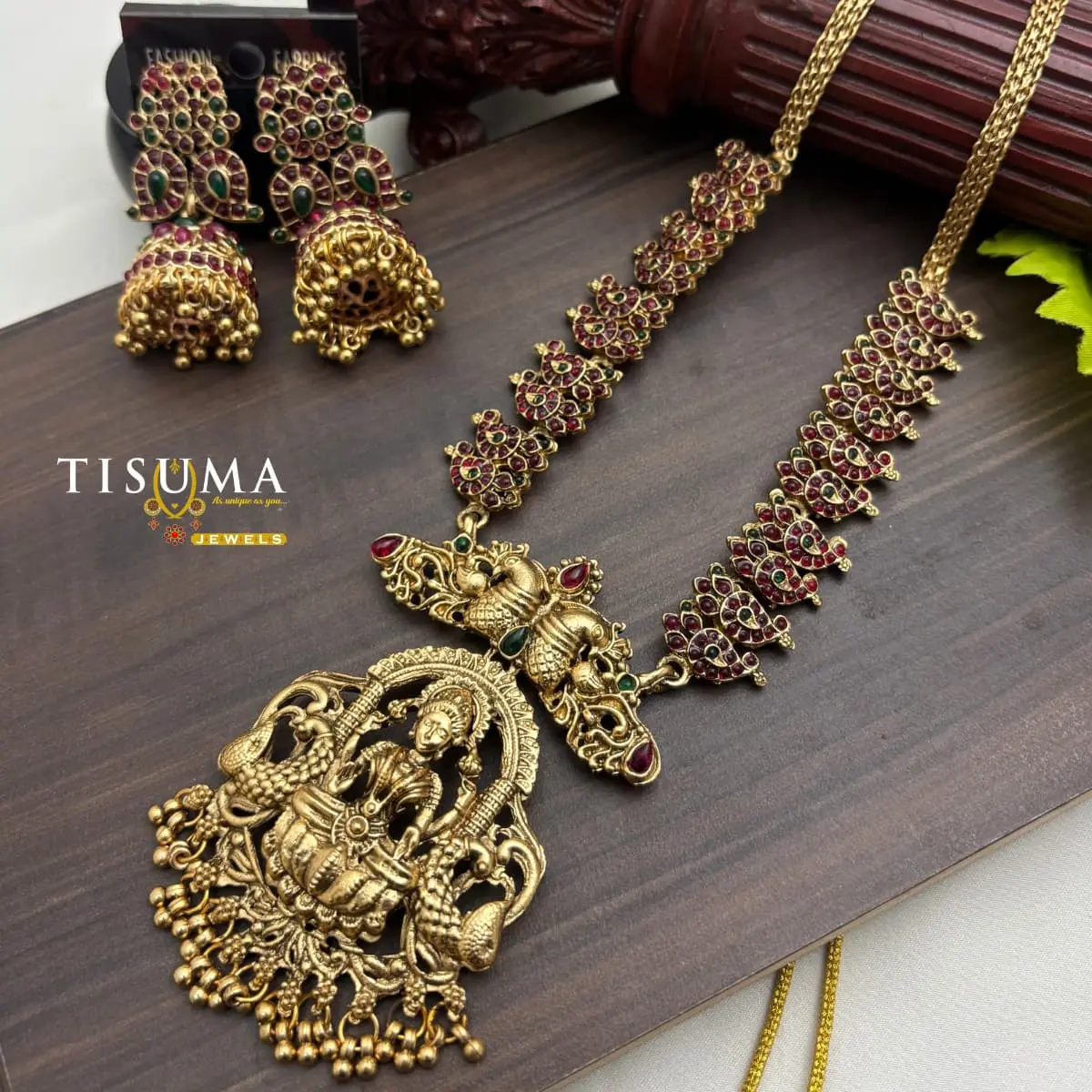 Traditional 18K Gold Plated South Indian Antique Temple Nakshi Goddess Lakshmi Grand Pendant Mango Manga Ruby Emerald Kemp Long Haram with Matching Jhumka Earrings TIS-MN-071 for Women