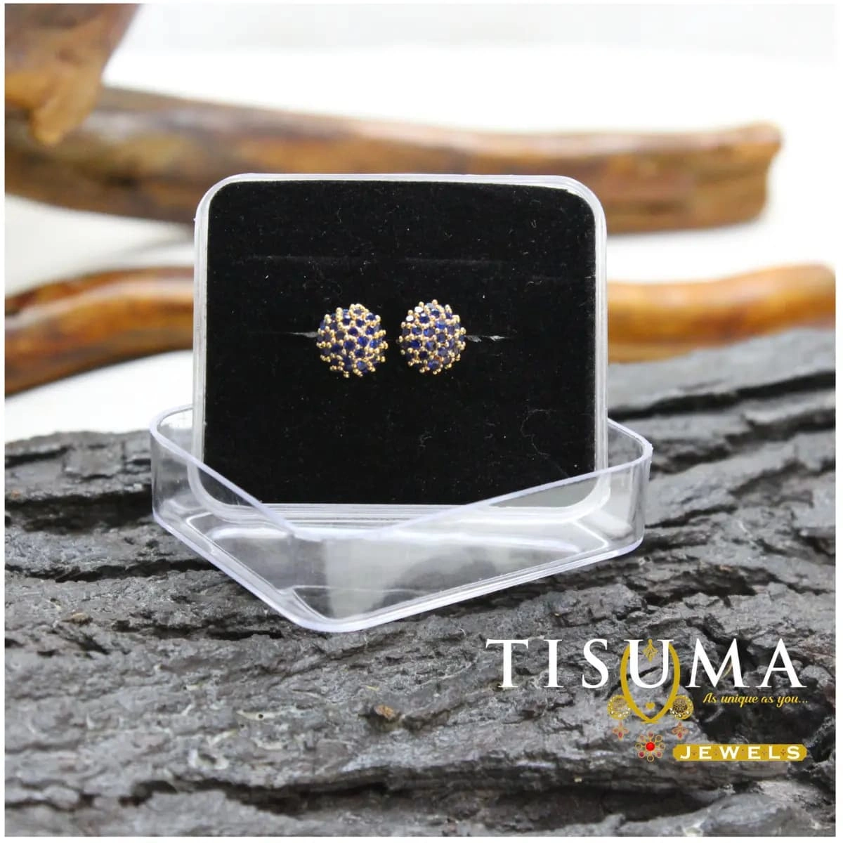 Blue stone gold-tone cluster stud earrings for women