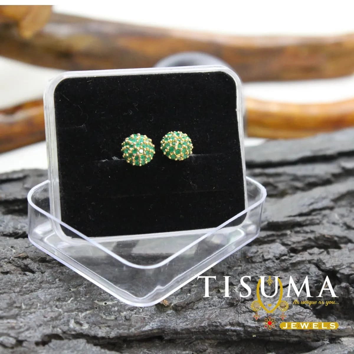 Green stone gold-tone cluster stud earrings for women