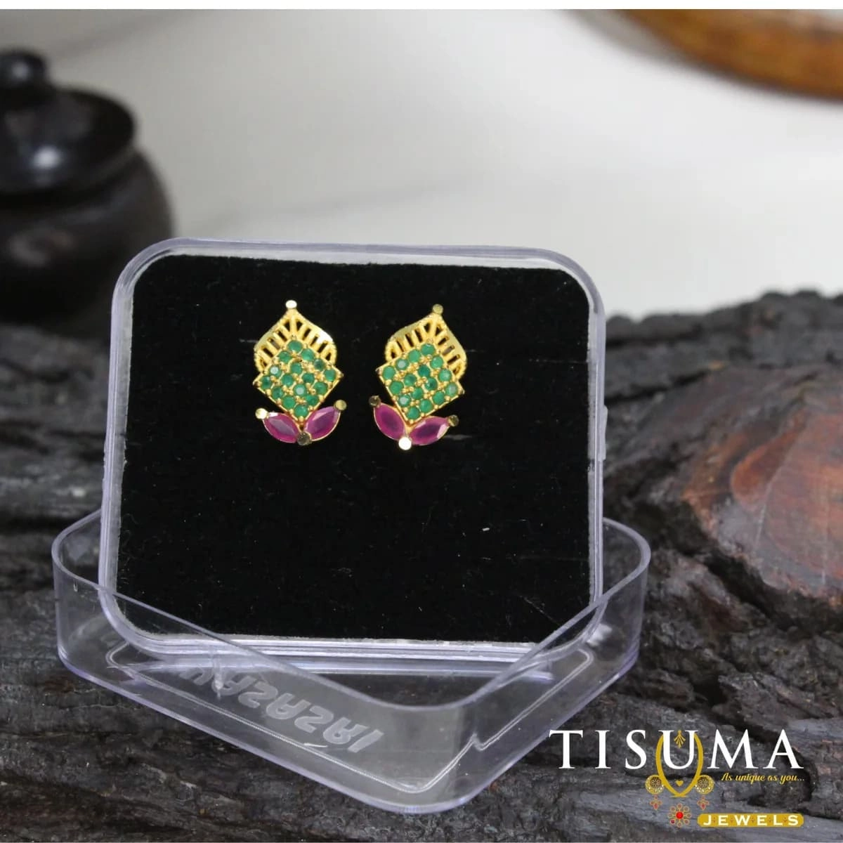 Green and pink stone geometric stud earrings with gold-tone finish