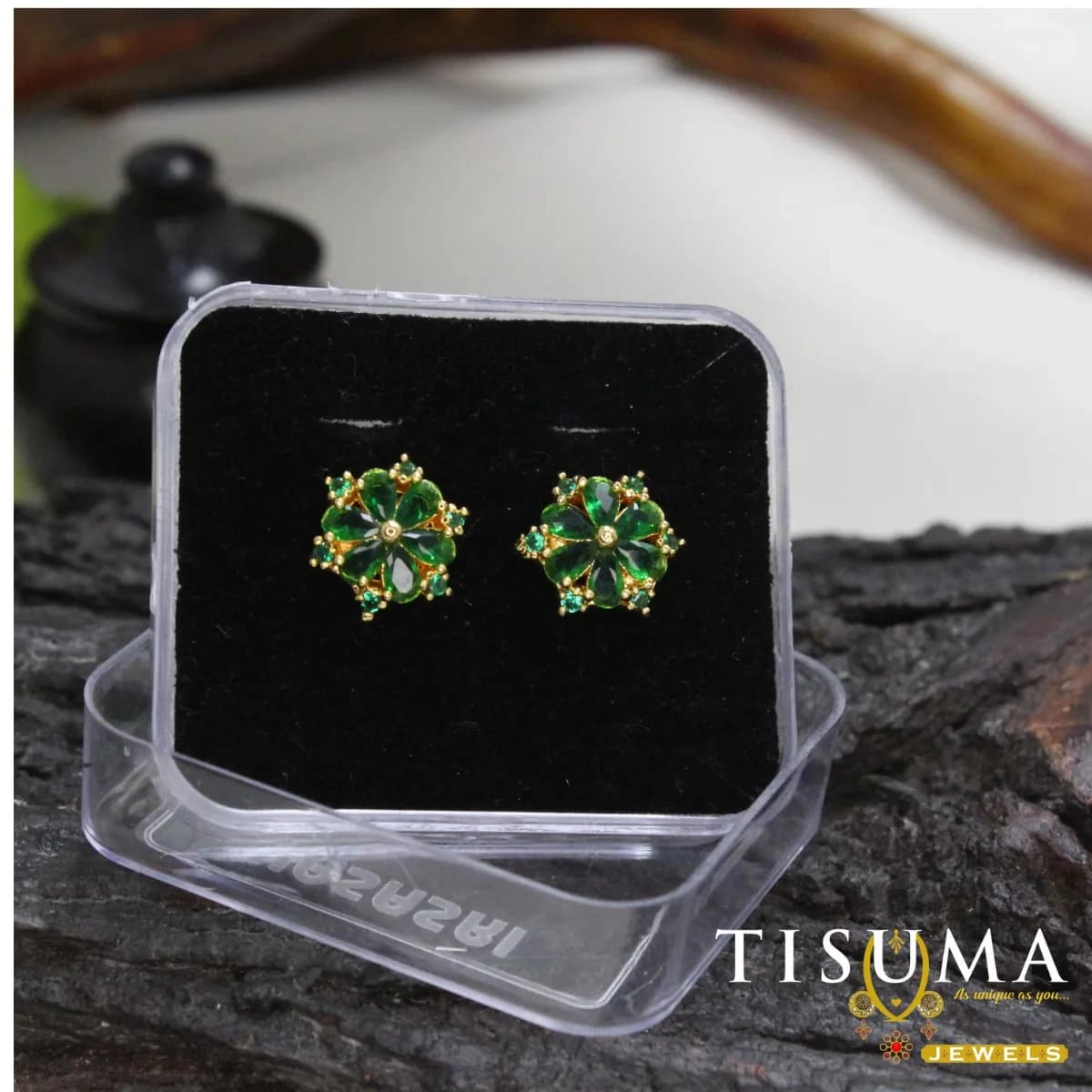 Green stone gold finish designer stud earrings with geometric floral drop design by Tisuma Jewels