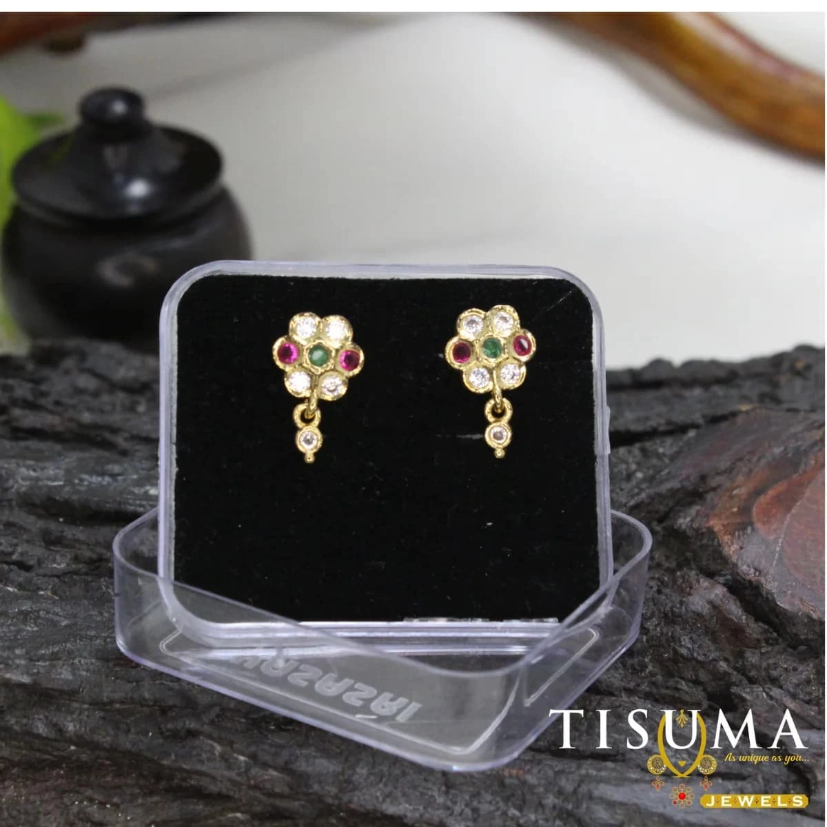 Gold-tone floral drop earrings with white pink and green colour stones