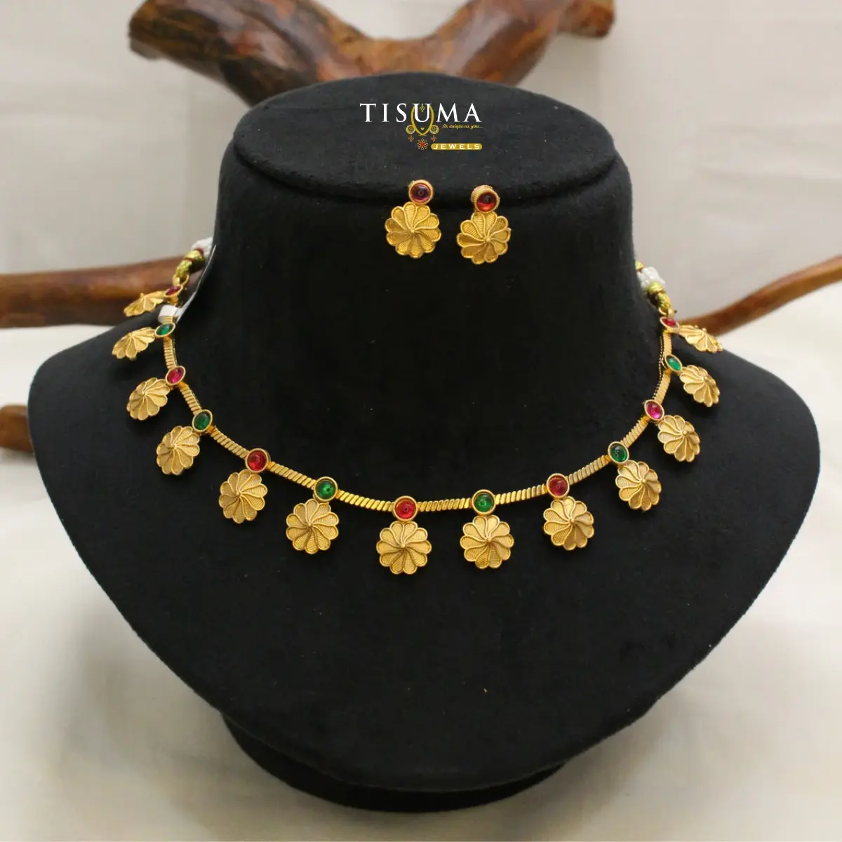 Traditional Antique Matte Gold Plated South Indian Fluted Chakra Spiral Disc Charm Ruby Emerald Kemp Short Necklace with Matching Stud Earrings TIS-NK-094 for Women