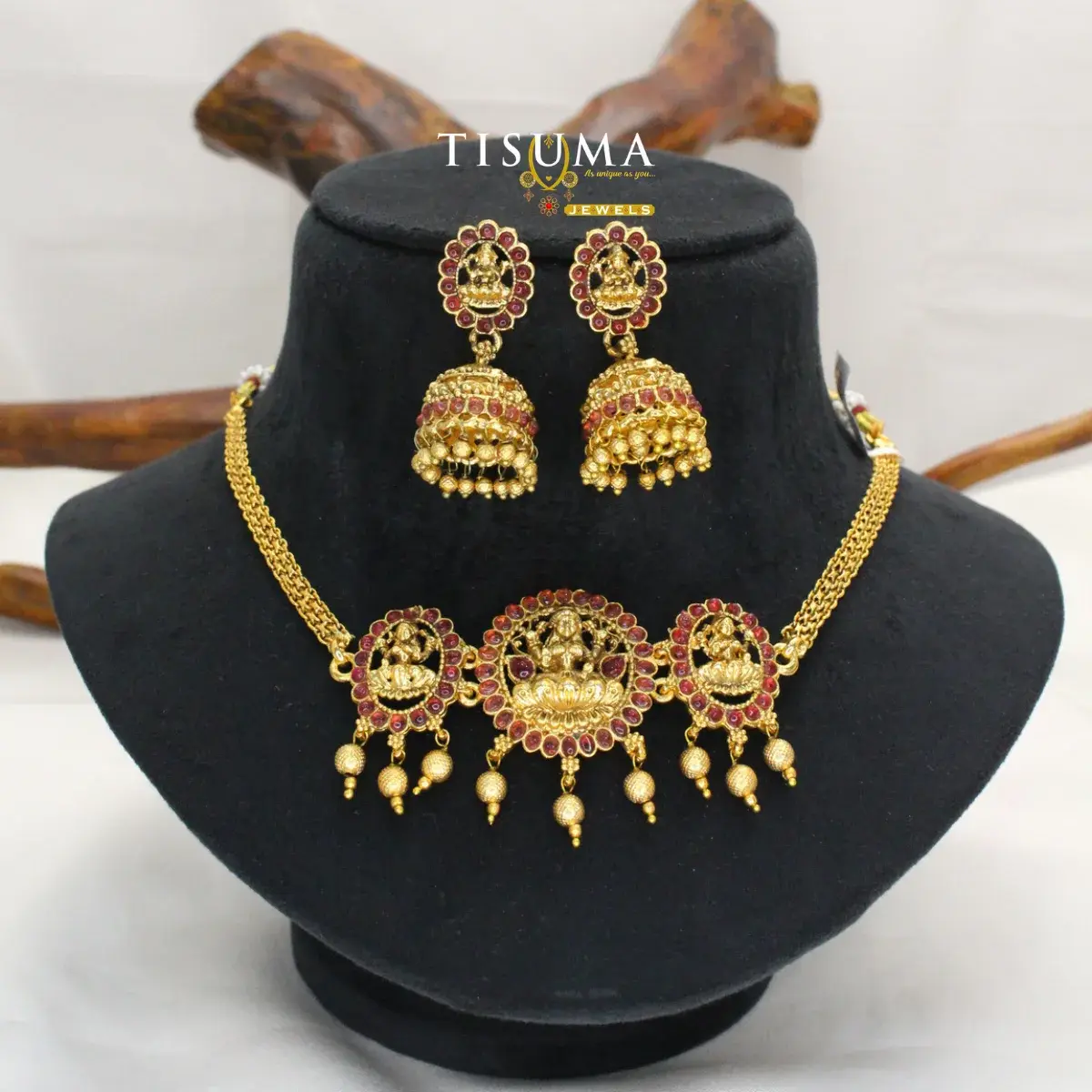 Traditional Antique Matte Gold Plated South Indian Woven Mesh Band Triple Seated Goddess Lakshmi Medallion Ruby Kemp Choker Necklace with Matching Jhumka Earrings TIS-MN-090 for Women