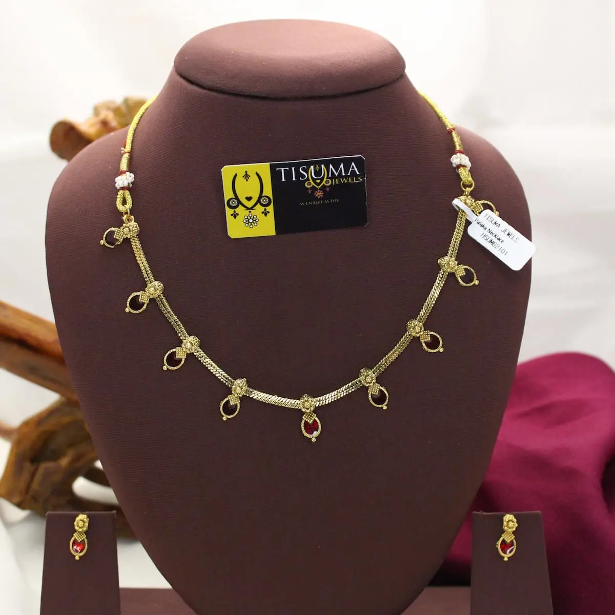 Traditional Antique Matte Gold Plated South Indian Kerala Heritage Palakka Teardrop Ruby Station Necklace with Matching Drop Earrings TIS-MN-091 for Women
