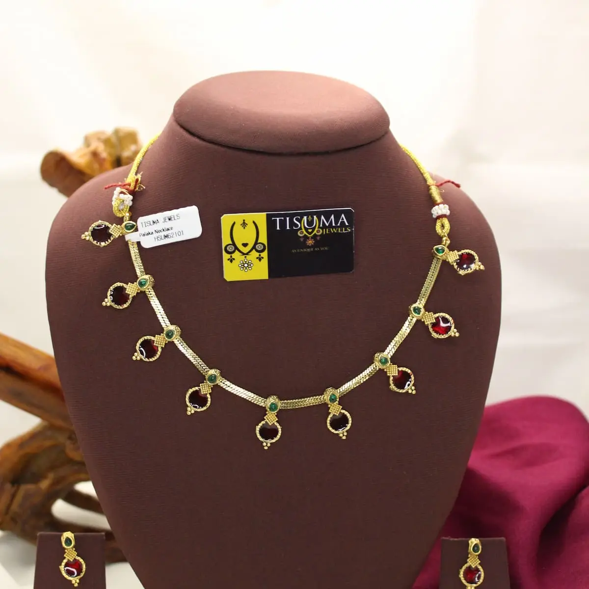 Traditional Antique Matte Gold Plated South Indian Kerala Heritage Palakka Circular Ruby Glass Charms and Emerald Bead Station Necklace with Matching Drop Earrings TIS-MN-092 for Women