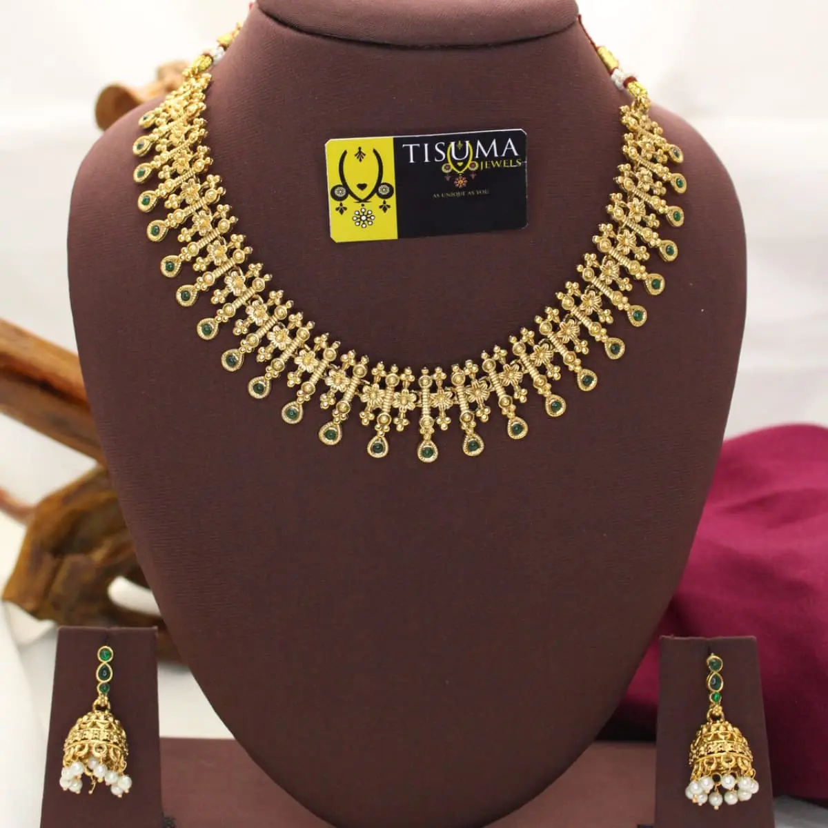 Traditional Antique Matte Gold Plated South Indian Mullamottu Jasmine Bud Spike Fringe Necklace with Emerald Green Kemp Drops and Matching Jhumka Earrings TIS-MN-093 for Women