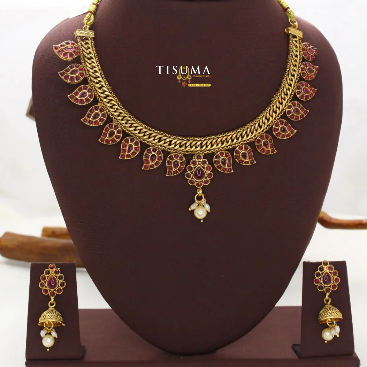 Traditional Antique Matte Gold Plated South Indian Woven Chevron Curb Chain Mango Motif Ruby Kemp Choker Necklace with Matching Jhumka Earrings TIS-MN-096 for Women