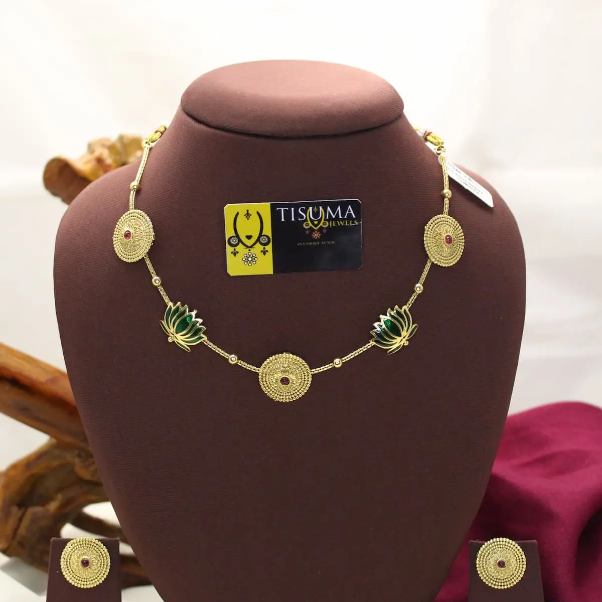 Traditional Antique Matte Gold Plated South Indian Sacred Lotus Kamalam Green Meenakari and Granulated Mandala Disc Station Necklace with Matching Stud Earrings TIS-MN-097 for Women