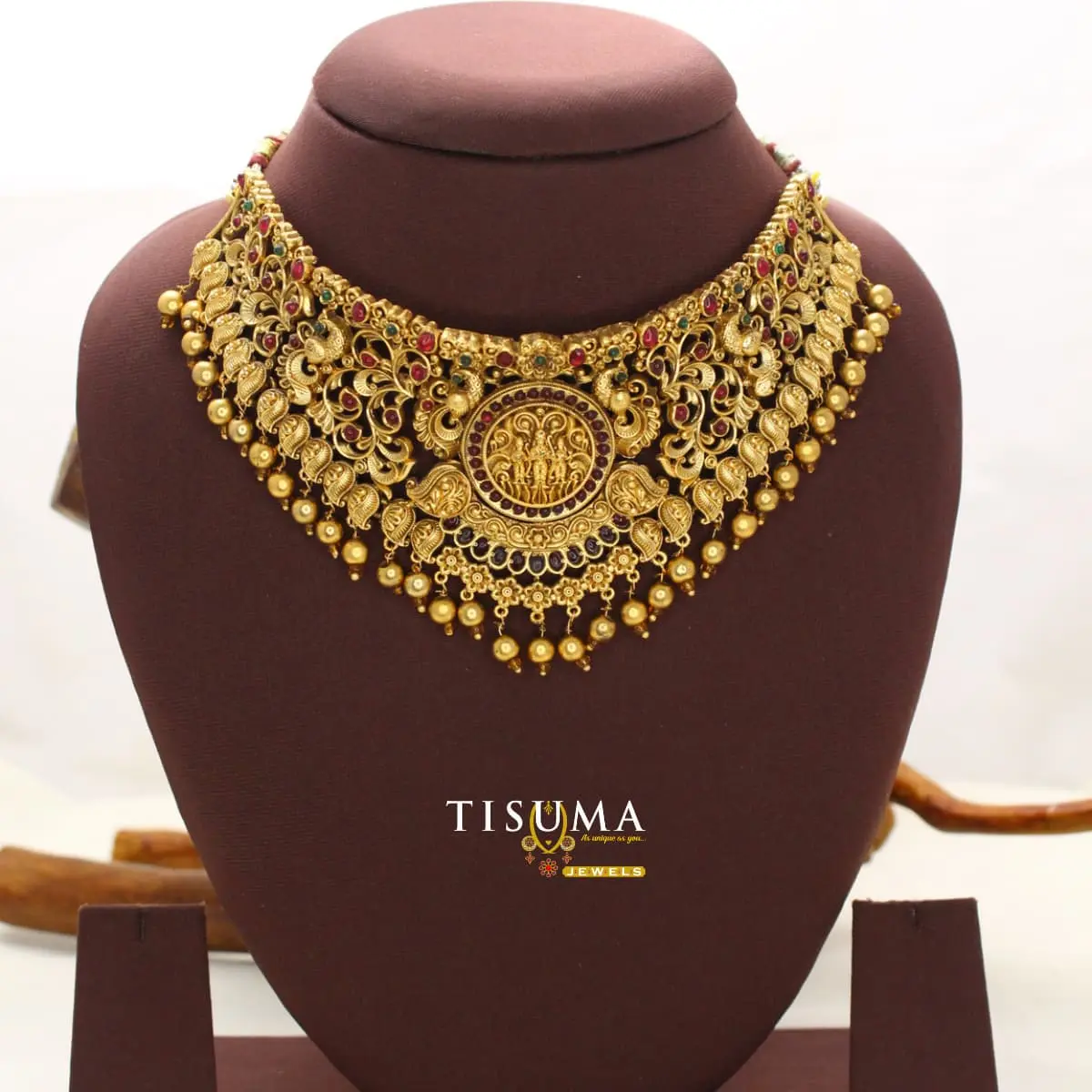 Traditional Antique Matte Gold Plated South Indian Grand Bridal Temple Nakshi Ram Parivar Medallion Broad Collar Choker Necklace with Dancing Peacocks and Ghungroo Droplets TIS-MN-099 for Women
