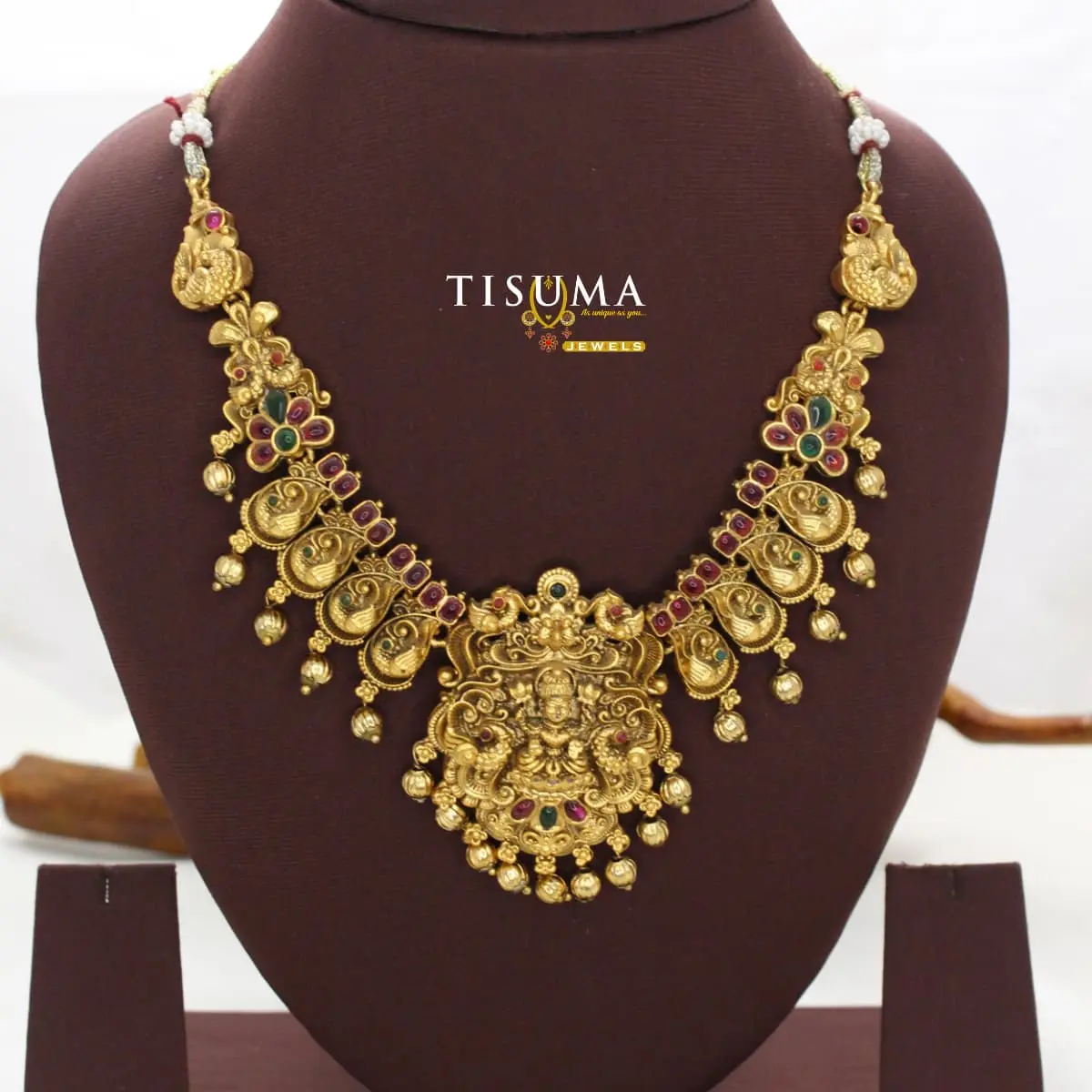 Traditional Antique Matte Gold Plated South Indian Temple Nakshi Seated Goddess Lakshmi Medallion Dancing Peacock Ruby Emerald Kemp Short Haram Necklace TIS-MN-101 for Women