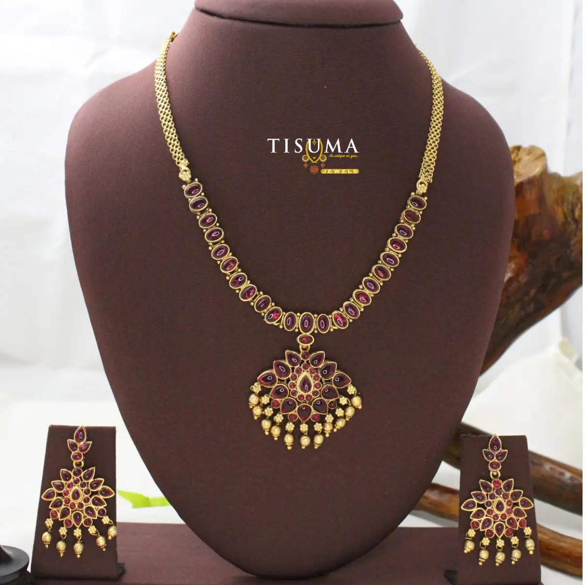 Traditional Antique Matte Gold Plated South Indian Floral Bloom Mandala Ruby Kemp Medallion 3/4th Mid-Length Necklace with Matching Drop Earrings TIS-MN-102 for Women