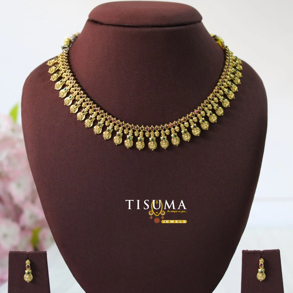 Traditional gold-finish coin necklace set with multicolor stones and matching earrings | Tisuma Jewels