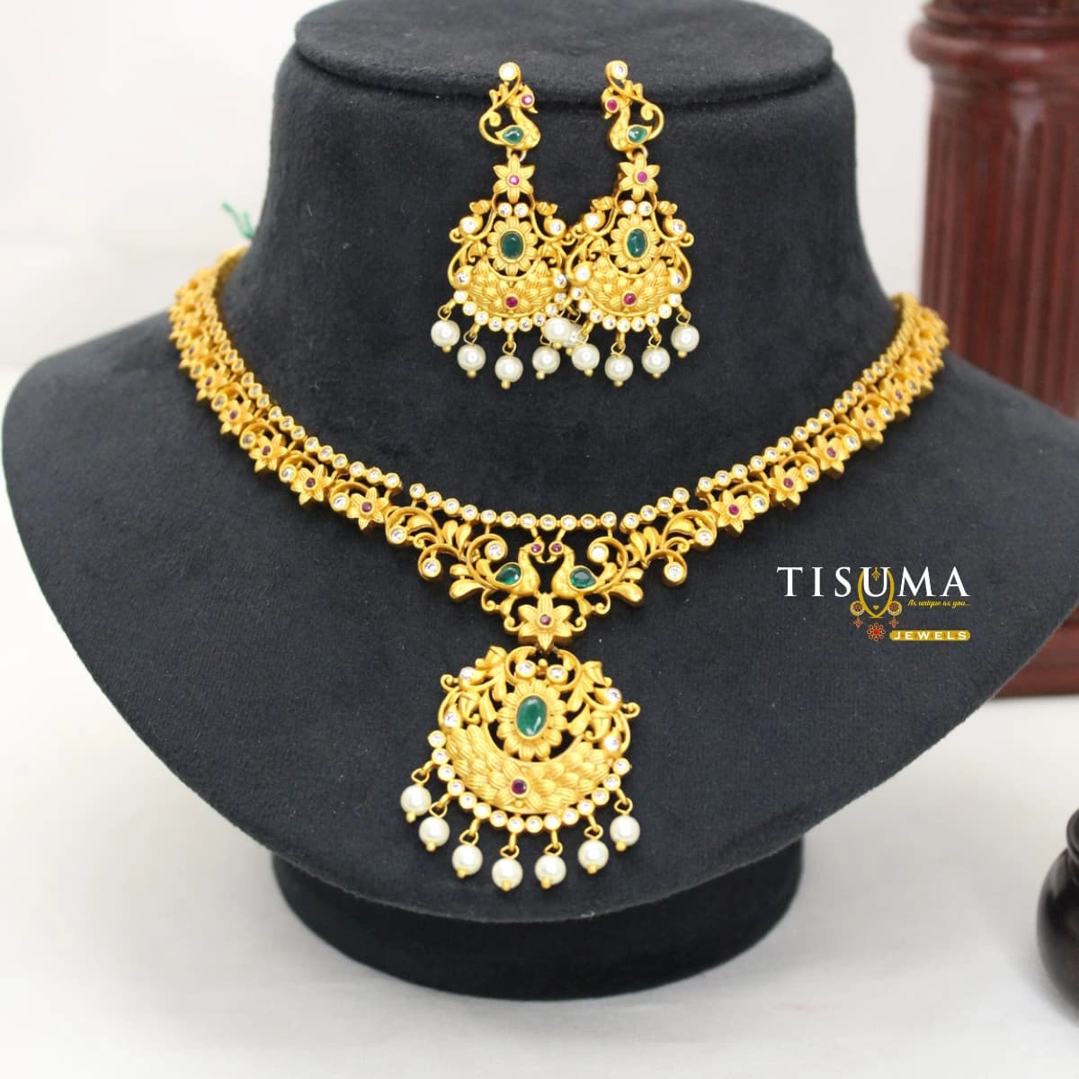 TS-MNP-060 Peacock Floral Green Stone Matte Gold Necklace Set with Pearl Drop Pendant and Matching Earrings - Tisuma Jewels