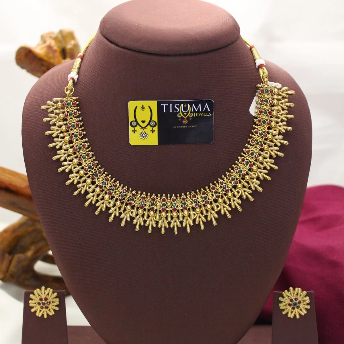 Traditional Multicolour Matte Gold Necklace Set with Matching Earrings – Tisuma Jewels