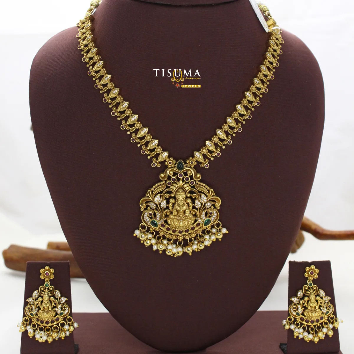Traditional gold-tone Lakshmi temple necklace set with pearl drops and matching earrings – Tisuma Jewels