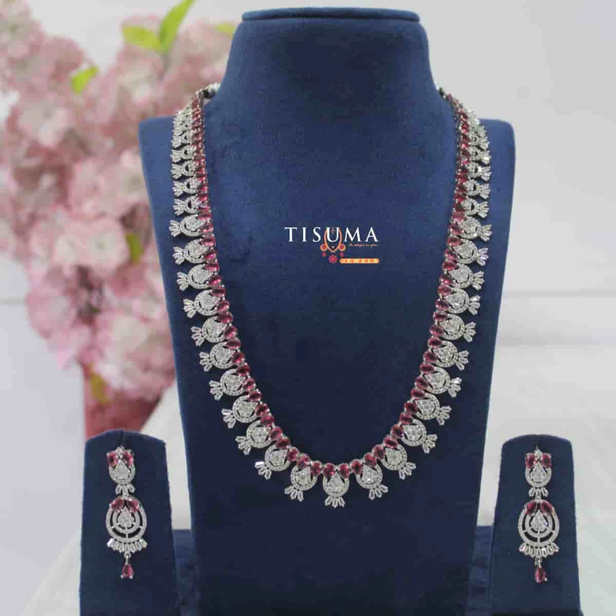 Ruby pink and white stone AD haram necklace set with matching earrings