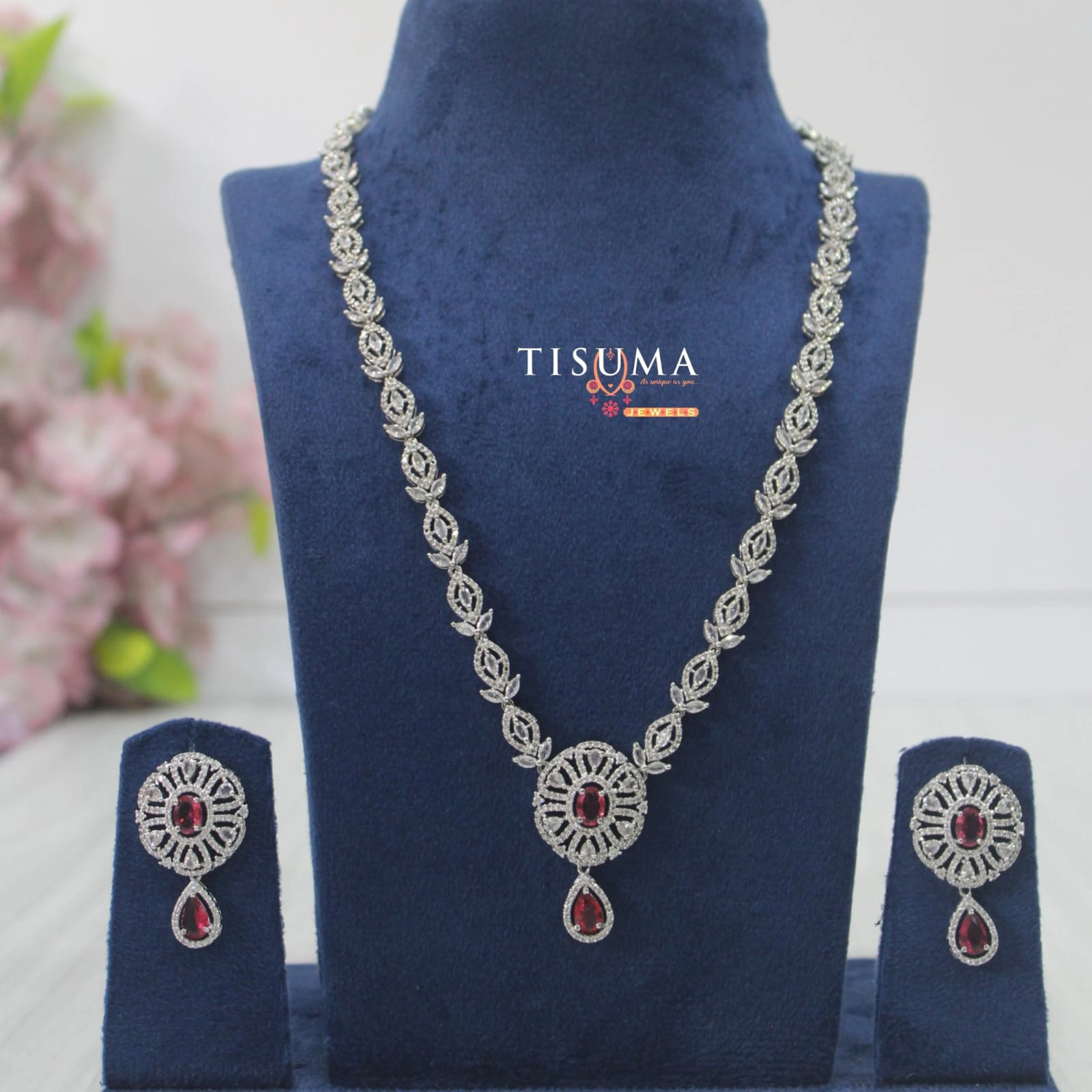 Ruby red and white stone silver-tone AD necklace set with teardrop pendant and matching earrings