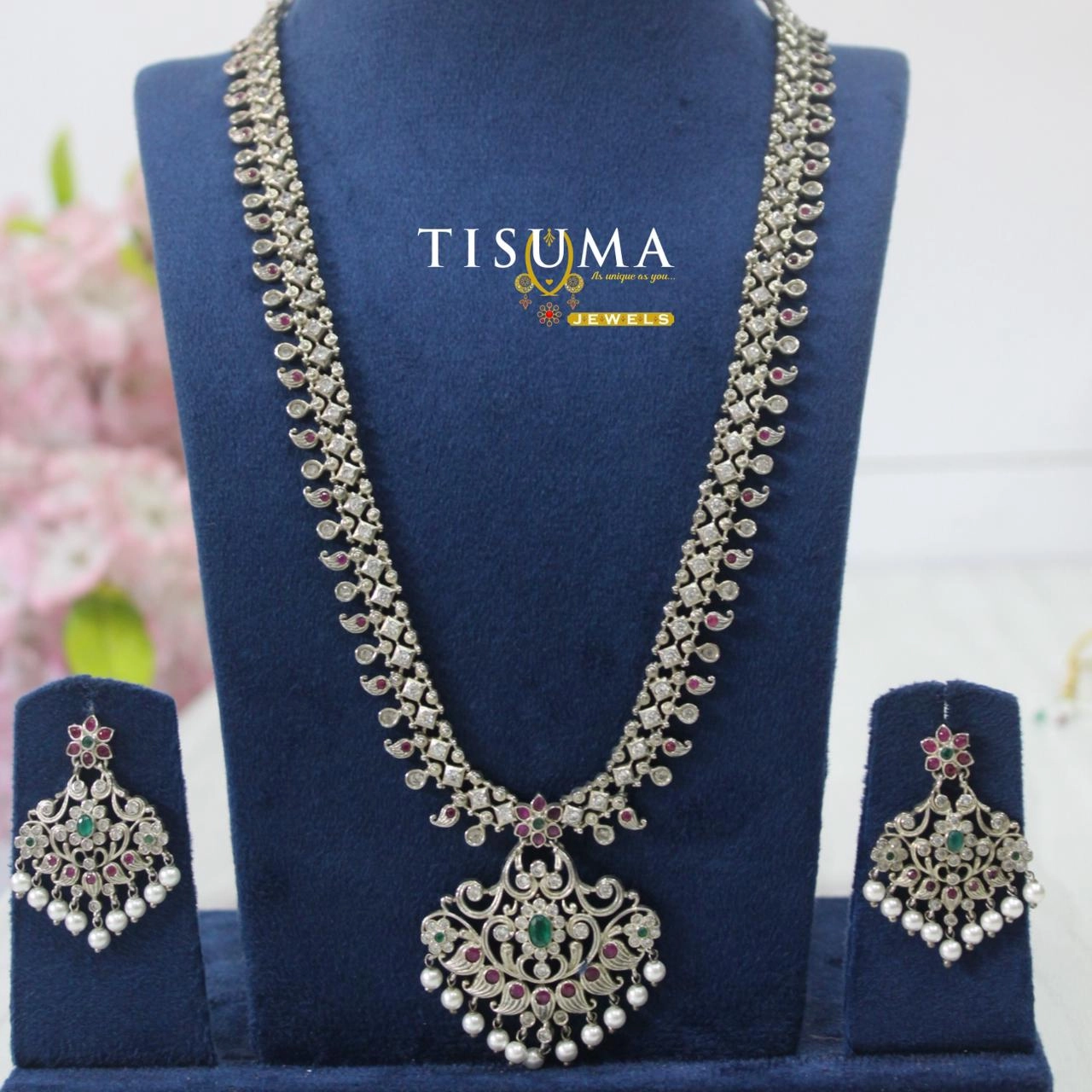 Tisuma Jewels silver finish haram necklace with green and pink stones and pearl drop pendant