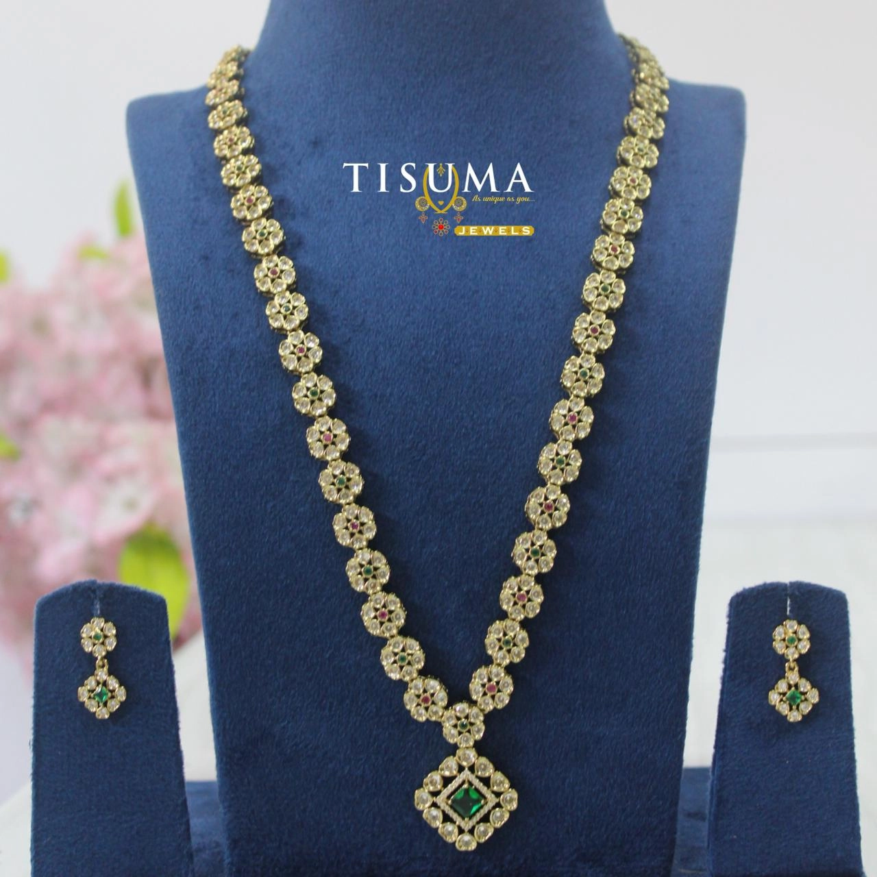 Tisuma Jewels multicolour floral Victorian haram with green centre pendant and matching earrings