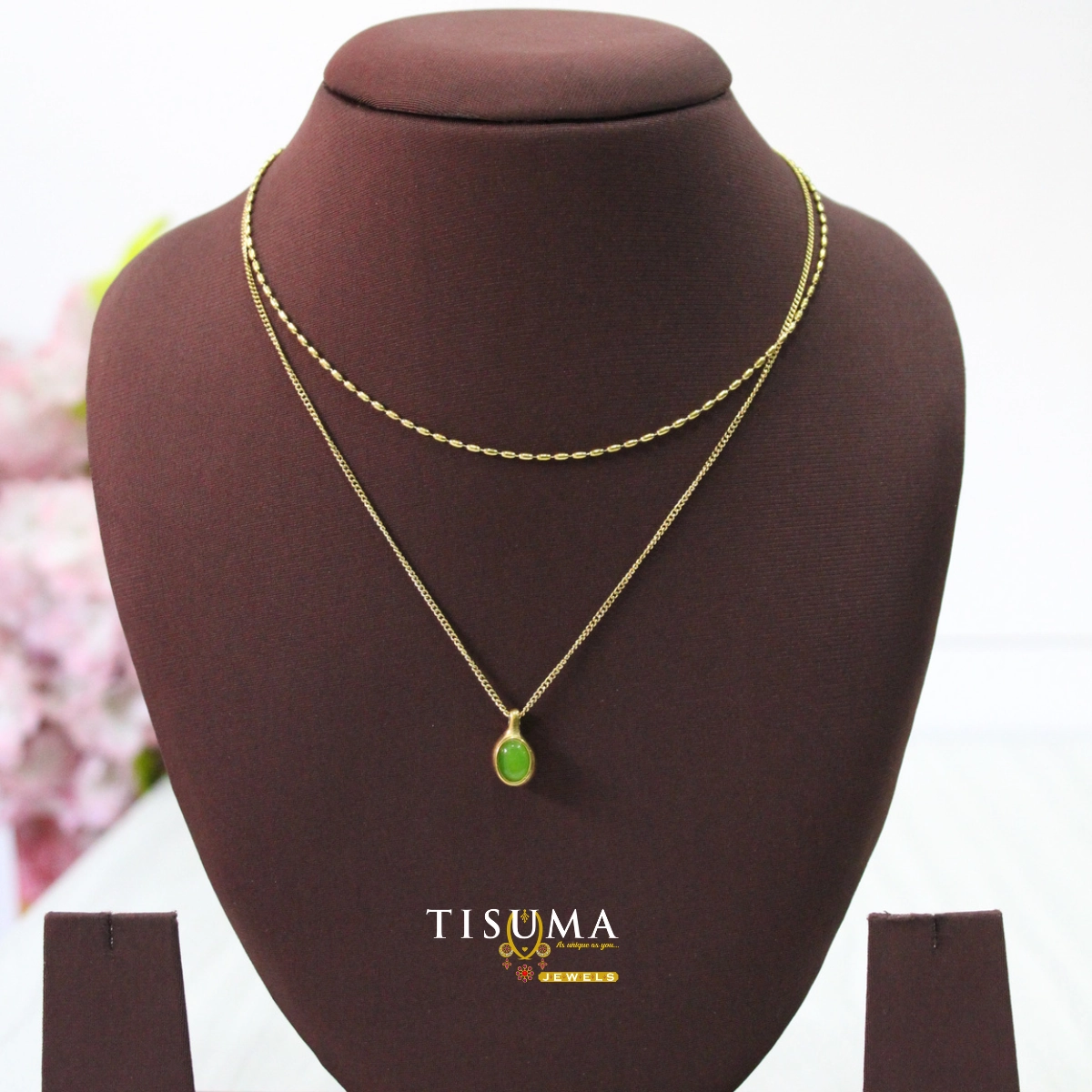 Anti Tarnish Gold Layered Necklace with Green Pendant