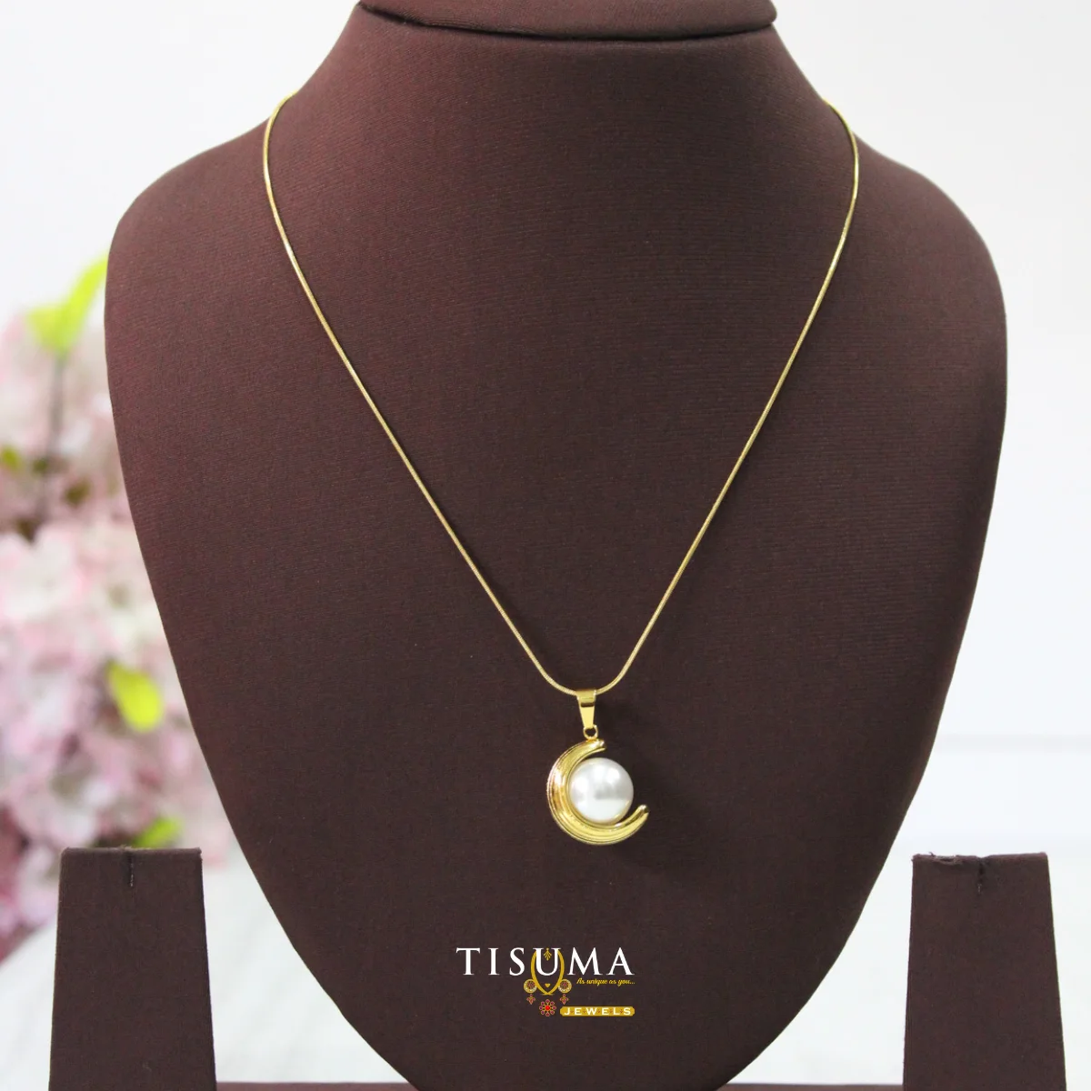 Anti Tarnish Gold Tone Necklace with Crescent Pendant and White Pearl – Tisuma Jewels
