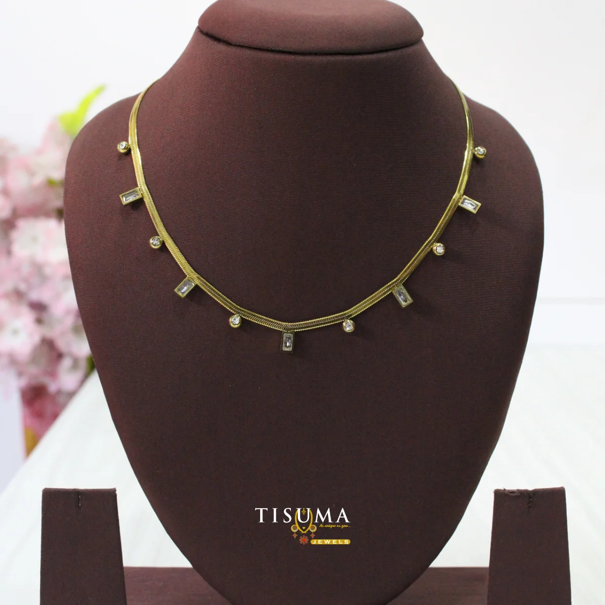 Gold-Tone Necklace with Round Stone and Rectangular Crystal Accents – Tisuma Jewels