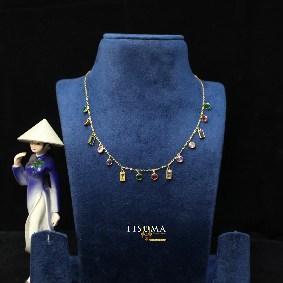 Gold-tone multicolour gemstone charm necklace by Tisuma Jewels