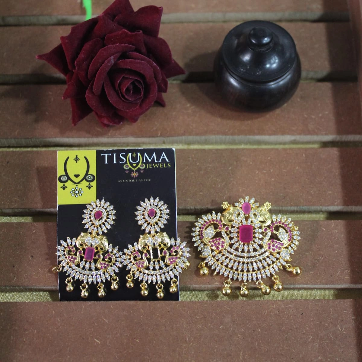 Gold-Tone Ruby Pink AD Stone Pendant Set
