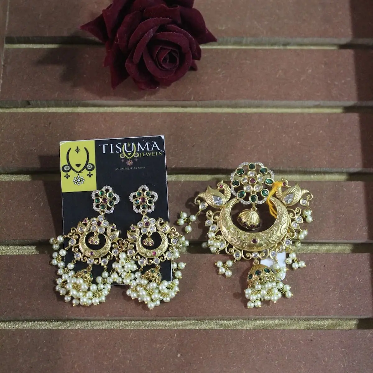 Traditional gold-plated stone-studded earrings and matching pendant with multicolour stones and pearl drops by Tisuma Jewels