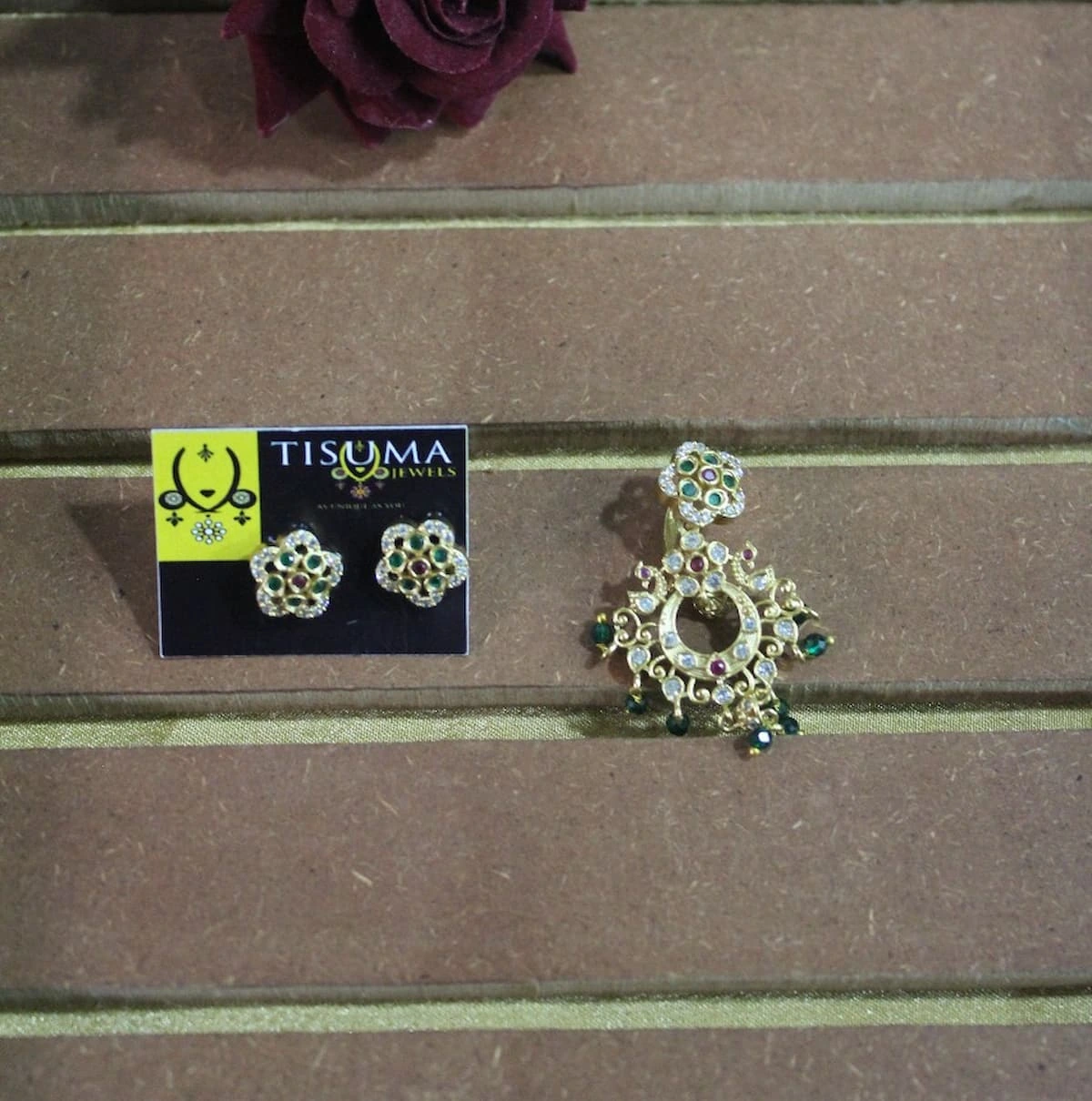 Traditional gold-plated multicolour stone-studded earrings with matching pendant by Tisuma Jewels