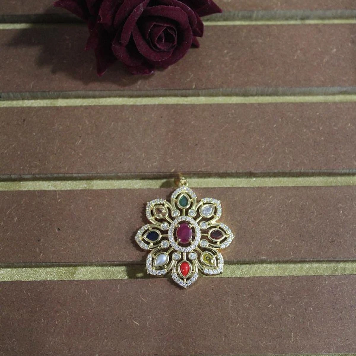 Tisuma Jewels multicolour floral pendant with gold-tone finish and decorative stones