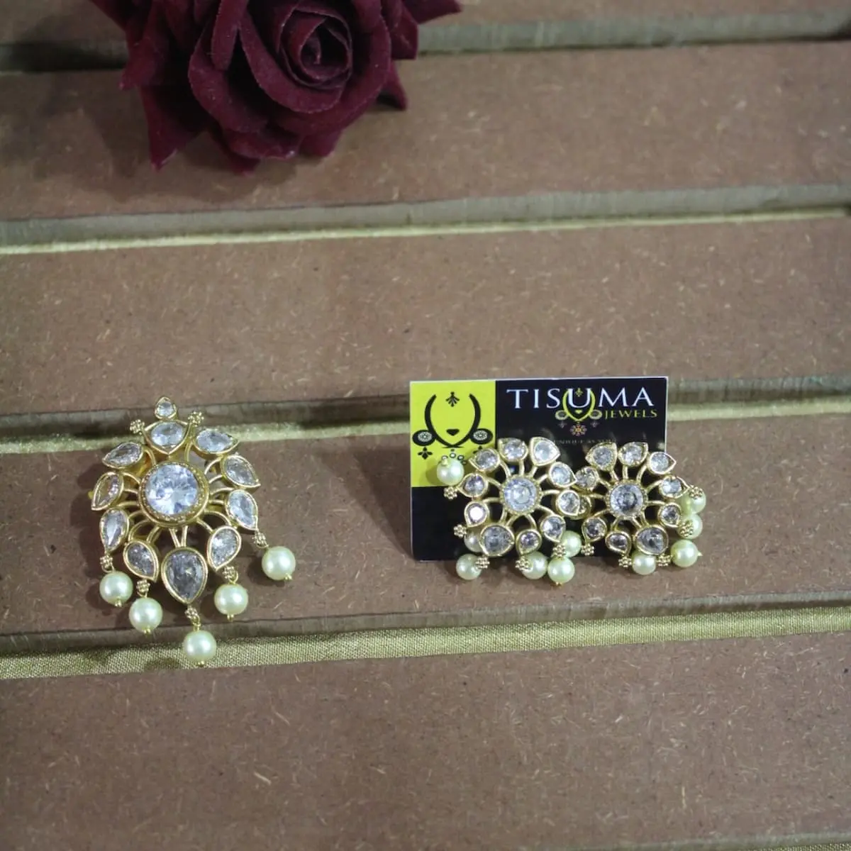 Tisuma Jewels gold-tone floral pendant with white stones and pearl-style drops