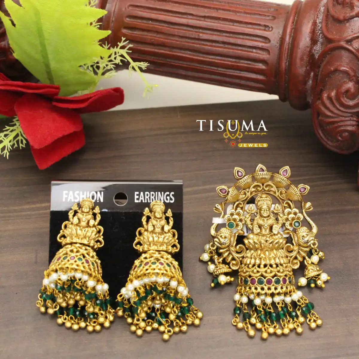 Gold tone Lakshmi temple jewellery pendant with matching jhumka earrings and green bead drops